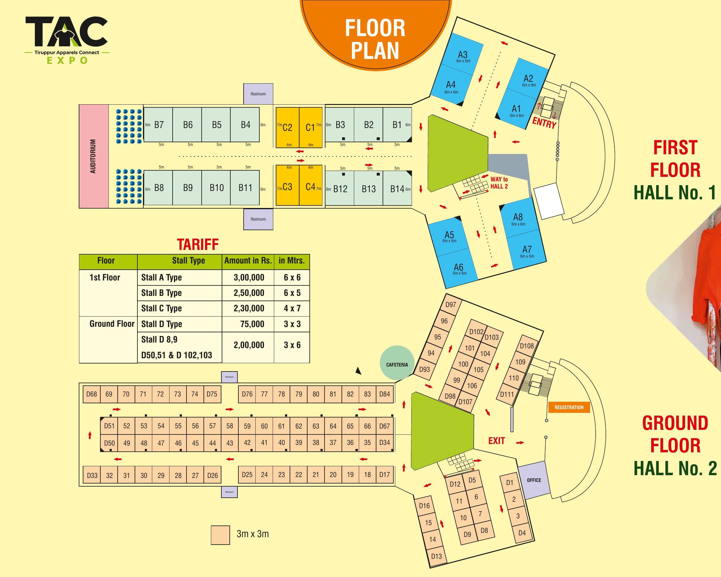 Floor plan of IKF Complex. First floor, Hall 1: A type stalls A1 to A8, B type stalls B1 to B14, C type stalls C1 to C4. Ground floor, Hall 2: D type stalls D1 to D111.